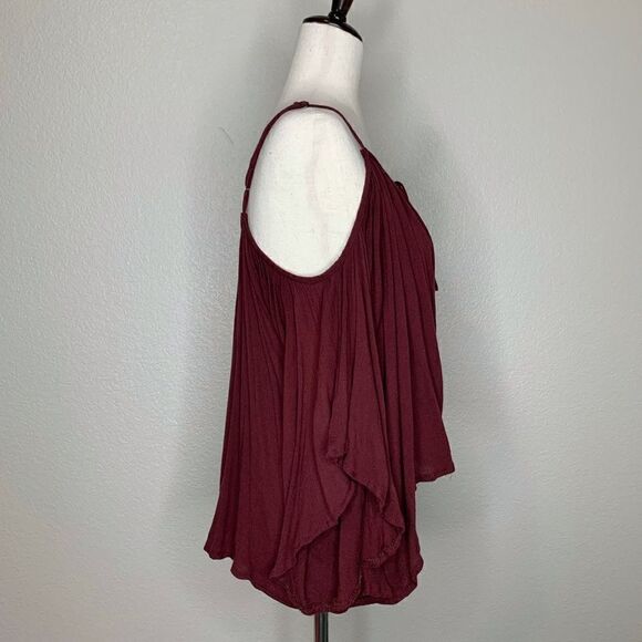 Sans Souci Boho Burgundy Cold Shoulder Tassels Bell Sleeves Top - Picture 7 of 11
